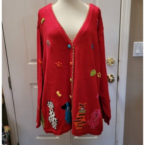 New Quacker Factory Sweater Cardigan Dogs Cats Animals Print Red Size 3X 3XL - Picture 1 of 9